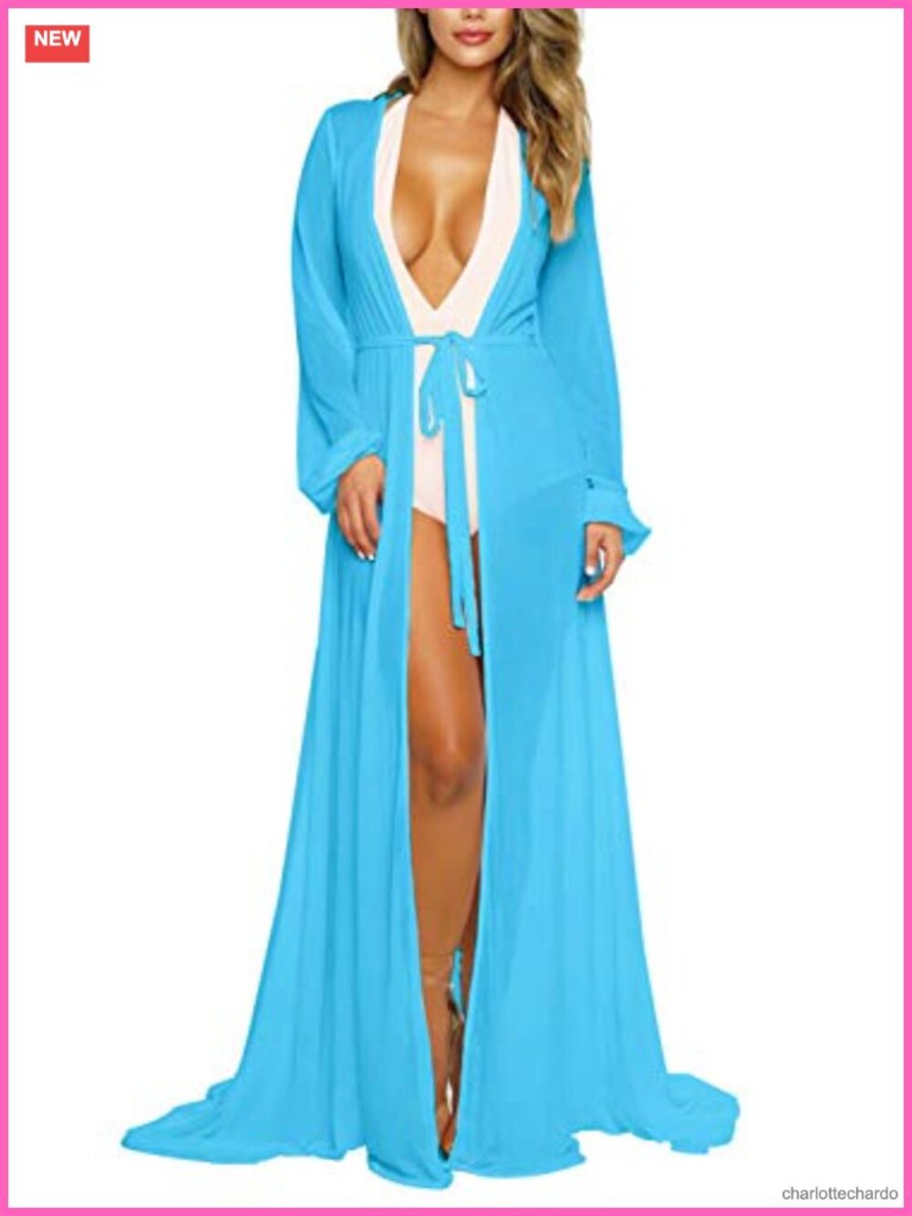 Long Sleeve Maxi Swimsuit Cover Up Tie Front Sheer Robe
